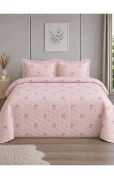 Uçkan Home %100 Pamuk Dört Mevsim Fırfırlı Çift Kişilik Pike Seti---uh-pike-03 Pembe