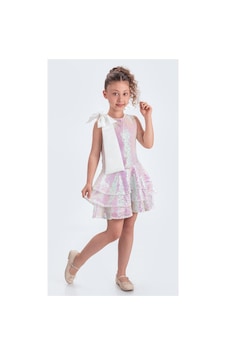 Mnk Baby & Kids Yaka Fiyonk Işıltılı Pul Payet Kumaş Kız Çocuk Abiye Elbise M00702 Ekru
