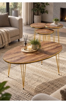 Sulorahome Ceviz Desenli Gold Tel Ayaklı 4'lü Sehpa Seti Altın - Kahverengi Sulorahome Ceviz Desenli Gold Tel Ayaklı 4'lü Sehpa Seti Altın - Kahverengi