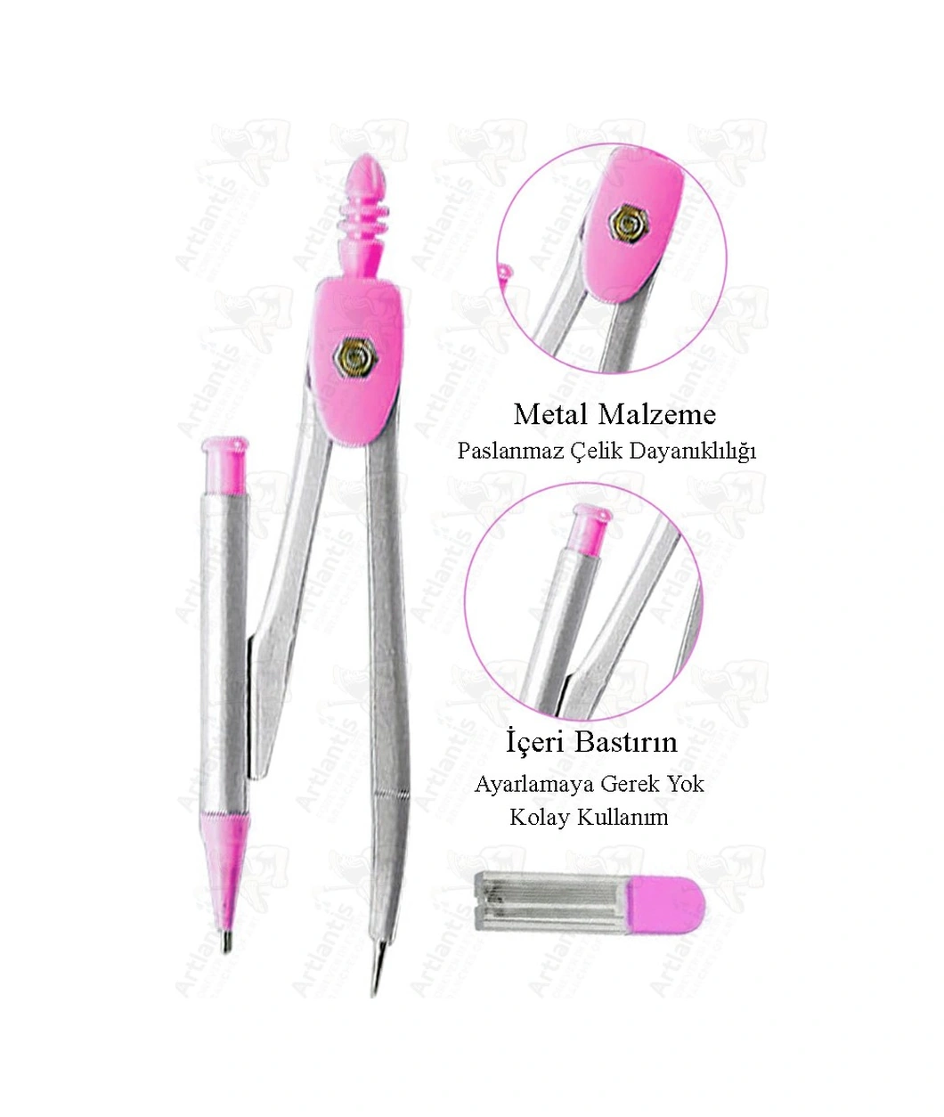 0.7 Uçlu Metal Pergel 1 Adet Fixpoint Kutulu Metal Pergel Versatil Uçlu Mekanik Kalem Basmalı Uçlu Pergel Pembe