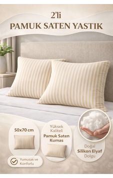Yüksek Kalite 2 Li Saten Yastık Seti 82 Tel Pamuk Saten & Saf Silikon Dolgu Bej Yüksek Kalite 2 Li Saten Yastık Seti 82 Tel Pamuk Saten & Saf Silikon Dolgu Bej
