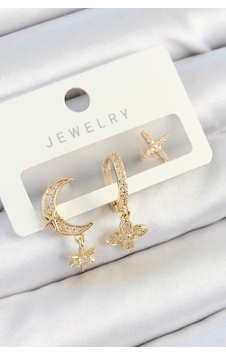 Pirinç Zirkon Taşlı Çiçek Ve Ay Model Gold Renk 3'lü Çift Kadın Küpe Set - Tj-bkp10827 Diğer Pirinç Zirkon Taşlı Çiçek Ve Ay Model Gold Renk 3'lü Çift Kadın Küpe Set - Tj-bkp10827 Diğer