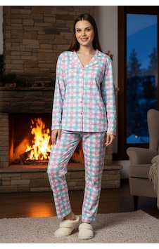 Remsa Kadın Ekose Desen Önü Düğmeli Suprem Pijama Takımı 0549 Beyaz01 Beyaz01
