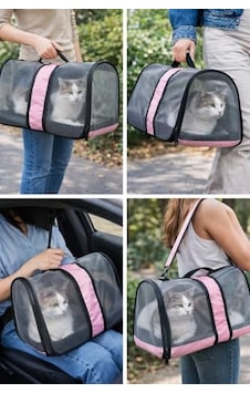 Komple Fileli Kedi Taşıma Çantası Mdf Sert Tabanlı, Katlanabilir, Nefes Alabilen, Omuz Askılı & El Tutmalı, Hafif Ve Sağlıklı Evcil Hayvan Taşıma Kutusu 45x28x28 Cm Pembe