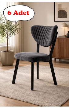 Teknor 6 Adet Elma Sandalye Modern Kadife Kapitone Sırtlı Mutfak Yemek Odası Balkon Kafe Sandalyesi 85 Cm Gri