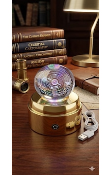 Mobgift 360 Derece Dönen Sarı Led Işıklı Gold Standlı Usb'li Kristal Gezegenler Cam Küre Çok Renkli