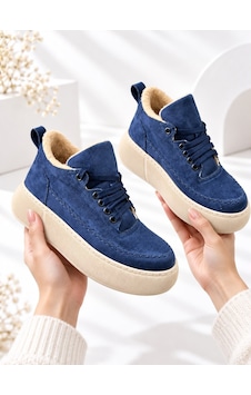 Dabab Shoes Nolen Kadın Lacivert Bağcıklı Lüks Süet İçi Kürklü 4 Cm Kalın Taban Sneaker Spor Ayakkabı