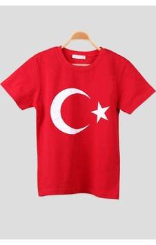10 Is Shoes Ay Yıldız Bayrak Baskılı Yuvarlak Yaka Penye Çocuk Genç  Kırmızı T-shirt