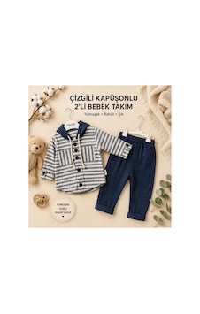 By Murat Baby Erkek Bebek Kapüşonlu Müslin Takım - Çizgili Gömlek Ve Pantolon Seti Lacivert By Murat Baby Erkek Bebek Kapüşonlu Müslin Takım - Çizgili Gömlek Ve Pantolon Seti Lacivert