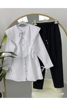 Lovie Moda Vintage Yaka Pantolonlu Takım Beyaz Lovie Moda Vintage Yaka Pantolonlu Takım Beyaz