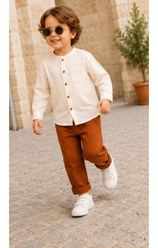 Nota Kids Müslin Çocuk Takım %100 Pamuk Yazlık İkili Takım Bej Düğmeli Gömlek Ve Pantolon Kahverengi Nota Kids Müslin Çocuk Takım %100 Pamuk Yazlık İkili Takım Bej Düğmeli Gömlek Ve Pantolon Kahverengi
