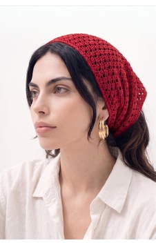 Kadın File Örgü Görünümlü Triko Bandana Plaj Aksesuarı Kırmızı Kırmızı