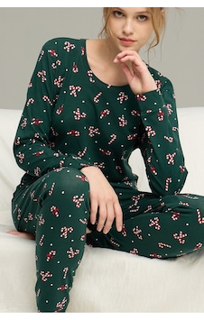 Siyah İnci Şeker Desenli Örme Pamuklu Pijama Takım25240277 Yeşil Siyah İnci Şeker Desenli Örme Pamuklu Pijama Takım25240277 Yeşil