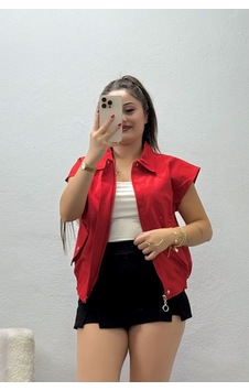 Belendir Kadın Likralı Cepli Dokuma Yelek Kırmızı