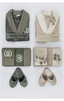 Ecocotton Masal Aile Bornoz Seti M-L Bej-Yeşil Bej - Yeşil Ecocotton Masal Aile Bornoz Seti M-L Bej-Yeşil Bej - Yeşil