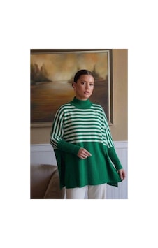 Onno Style Women Çizgili Standart Beden Triko Kadın Panço Yeşil Onno Style Women Çizgili Standart Beden Triko Kadın Panço Yeşil