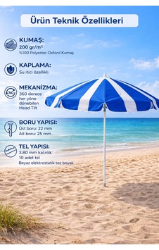360 Derece Dönebilen Head Tilt Plaj Şemsiyesi 200 Gr/m² Polyester Oxford Kumaş Lacivert Beyaz 360 Derece Dönebilen Head Tilt Plaj Şemsiyesi 200 Gr/m² Polyester Oxford Kumaş Lacivert Beyaz