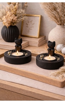 2'li Üşüyen Kedi Figürlü Mumluk Ve Mum Hediye Siyah