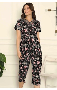 Alimer Kadın Siyah Dantelli V Yaka Bermuda Pijama Takım Edy2708s Siyah