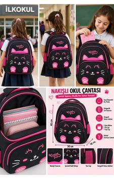Nakışlı Kedi Siyah Pembe İlkokul Çantası Suya Dayanıklı Ortopedik Sırt Çantası 40x30x18 Cm Çok Renkli Nakışlı Kedi Siyah Pembe İlkokul Çantası Suya Dayanıklı Ortopedik Sırt Çantası 40x30x18 Cm Çok Renkli