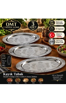 430 Kalite Krom Çelik 3 Adet İşlemeli Kayık Tabak 35 Cm İskender, Kebap, Pilav Ve Salata Sunum Tabağı Gümüş 430 Kalite Krom Çelik 3 Adet İşlemeli Kayık Tabak 35 Cm İskender, Kebap, Pilav Ve Salata Sunum Tabağı Gümüş