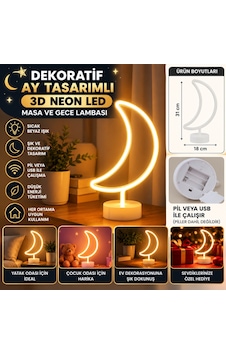 Kahveci.store Dekoratif Pilli Ay Tasarımlı 3d Neon Led Masa Ve Gece Lambası 22