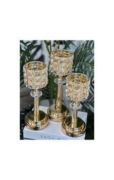 Kristal Kesim Taşlı 3'lü Lüks Şamdan Seti Gold Sarı - 701281072 Sarı - 701281072 Sarı