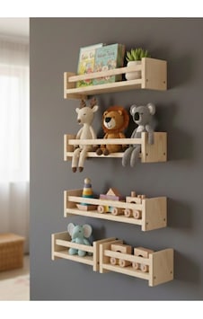 Ahşap Çocuk Odası Montessori Raf Kitaplık 4 Lü Set - Duvara Monte Oyuncak Rafı 100x40 Cm Bej