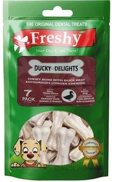 Freshy Ördek Etiyle Kaplanmış Doğal Dana Derisinden Çiğneme Kemiği 105 Gr Freshy Ördek Etiyle Kaplanmış Doğal Dana Derisinden Çiğneme Kemiği 105 Gr