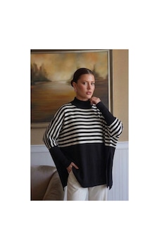 Onno Style Women Çizgili Standart Beden Triko Kadın Panço Siyah Onno Style Women Çizgili Standart Beden Triko Kadın Panço Siyah