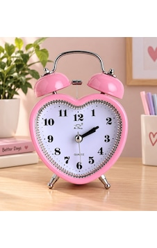 Pembe Kalp Tasarımlı Çift Zilli Metal Çalar Saat Dekoratif Masa Saati Beyaz - Bej Pembe Kalp Tasarımlı Çift Zilli Metal Çalar Saat Dekoratif Masa Saati Beyaz - Bej