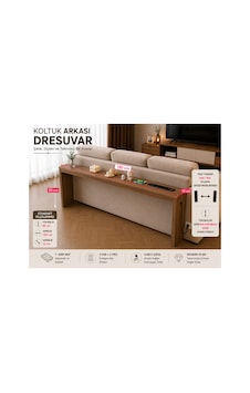 Café Royale Vintage & Usb-tech Konsol Raf - 3 Usb + 4 Priz Girişli Mdf Koltuk Arkası Raf Dresuar Ceviz 180x85x12