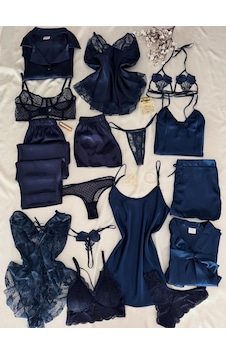 Mh Moony Homewears Kutulu 16 Parça Dev Danza Kudzo Lacivert Saten Pijama Gecelik Sabahlık Iç Giyim Çeyiz Seti Muhteşem Lacivert