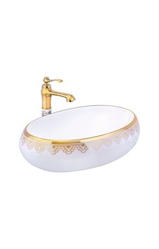 İsaoğlu Yapı Altın Çanak Lavabo Gold Beyaz Seramik Lavabo İşlemeli Vintage 60x40 Armatür Hariçtir Beyaz