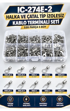 320 Parça 5 Boy İzolesiz Halka Ve Çatal Kablolu Terminali Seti 320 Parça 5 Boy İzolesiz Halka Ve Çatal Kablolu Terminali Seti