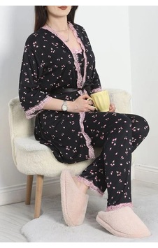 Seka Store Seka Milan Kumaş Üçlü Pijama Takımı Siyahçiçekli - 50147.1857. Çok Renkli Seka Store Seka Milan Kumaş Üçlü Pijama Takımı Siyahçiçekli - 50147.1857. Çok Renkli