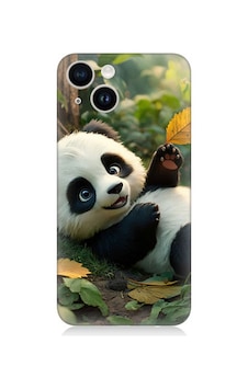 Apple Uyumlu iPhone 14 Panda Ve Yaprak Desenli Silikon Kılıf Silikon