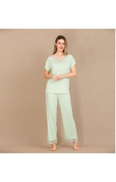 Civetta Viskonşık Tasarım Dantel İşlemeli Açık Yeşil Kısa Kol Pijama Takı