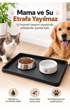 Kedi Köpek Mama Su Kabı Altlığı Yüksek Kenarlı Hazneli Tepsi Su Ve Mama Dökülmesini Önleyici Plastik Mat