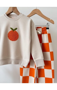 Mila Mood Kız Çocuk Portakal Nakışlı Sweatshirt Turuncu Ekose Bol Paça Pantolon 2 Li Takım Mm-026-034-0010 Krem