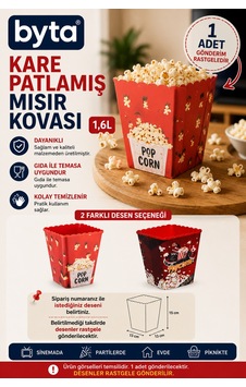 1,6 L Plastik Kare Patlamış Mısır Kovası Sinema Temalı Popcorn Servis Kovası, 1 Adet Bpa İçermez Desenler Rastgele Gönderilir