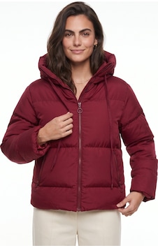 Onloox Kadın Koyu Bordo Koyu Bordo Pamuklu Likralı Esnek Kumaş Kapüşonlu Fermuarlı Elyaf Dolgulu Şişme Mont Hoodie