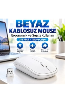 Ers Beyaz Renkli Ergonomik Sessiz Kablosuz Mouse Usb Alıcılı, Ofis Ve Oyun İçin Konforlu Bilgisayar Faresi Ms6310