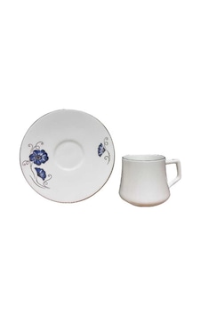 Evaliza Nostaljı Kelebek Mavı Double 6lı Kahve Set Beyaz - Desenli