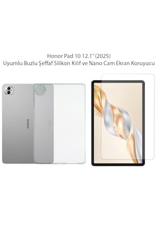 Honor Pad 10 12.1'' 2025 Uyumlu Buzlu Şeffaf Kılıf Ve Nano Cam Ekran Koruyucu Set Arka Kapak