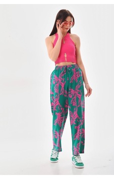 Polologin Butik Yaprak Desenli Rahat Kesim Viskon Pantolon Turkuaz Polologin Butik Yaprak Desenli Rahat Kesim Viskon Pantolon Turkuaz