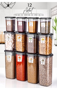 KitchenLife 12'li Etiketli Modernity Kare Erzak Saklama Kabı Seti 1750ml X4- 1200ml X4 - 450ml X4 Baharatlık KitchenLife 12'li Etiketli Modernity Kare Erzak Saklama Kabı Seti 1750ml X4- 1200ml X4 - 450ml X4 Baharatlık