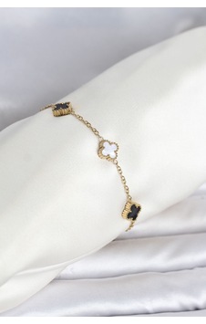316l Çelik Gold Renk Siyah Beyaz Baby Yonca Model Kadın Bileklik - Siyah