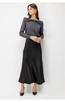 Ekol Kadın Beli Lastikli Maxi Saten Etek Siyah Ekol Kadın Beli Lastikli Maxi Saten Etek Siyah