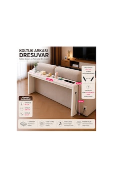 Café Royale Vintage & Usb-tech Konsol Raf - 3 Usb + 4 Priz Girişli Mdf Koltuk Arkası Raf Beyaz 180x85x12